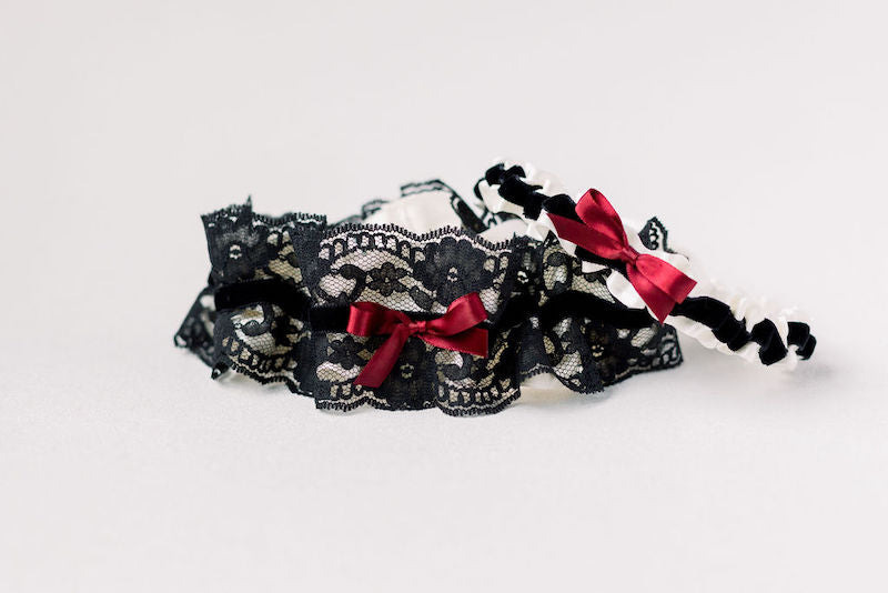 custom wedding garter with black lace and viva magenta satin by The Garter Girl