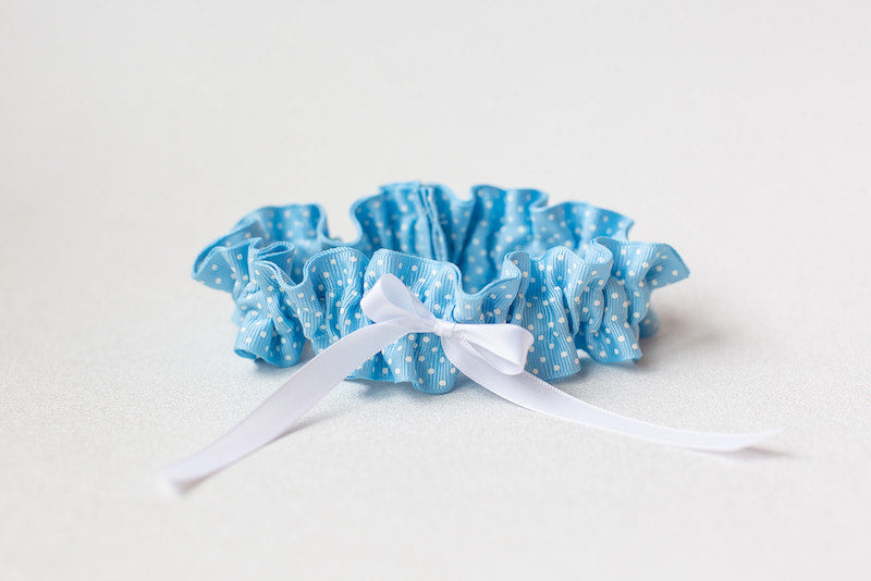 something blue wedding garter with white swiss dots