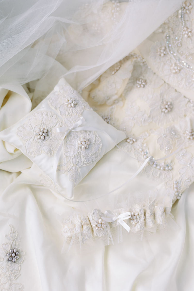 Custom wedding garter heirlooms handmade from bride's mother's wedding dress by The Garter Girl