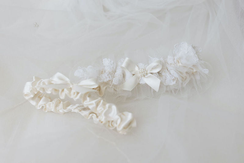 Lace Tulle and Pearls Garter Set Made From Mother's Bridal Veil By The Garter Girl