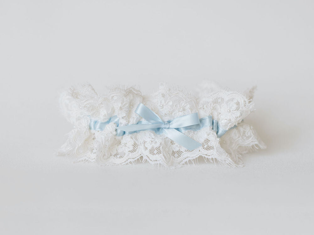 wedding accessories from mothers wedding dress w lace, pearls - wedding garter set, ring pillow, something blue & handkerchief handmade by The Garter-Girl