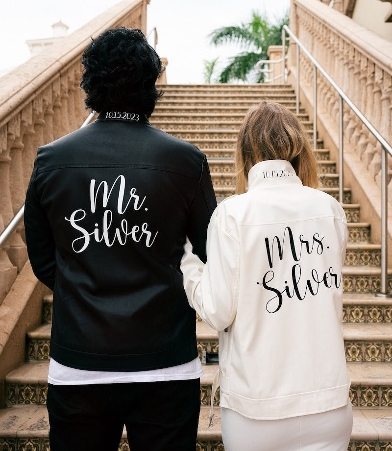 Mr and Mrs Leather Jackets with Wedding Date