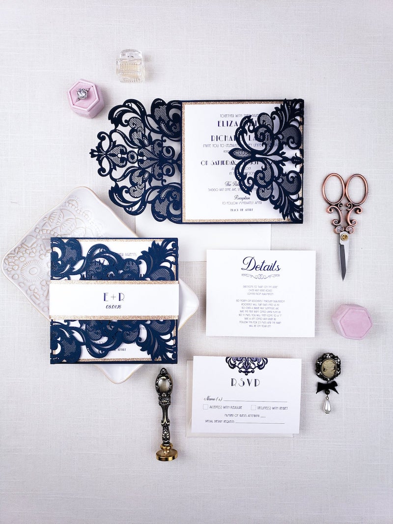 Navy Blue and Gold Unique Laser Cut Wedding Invitation