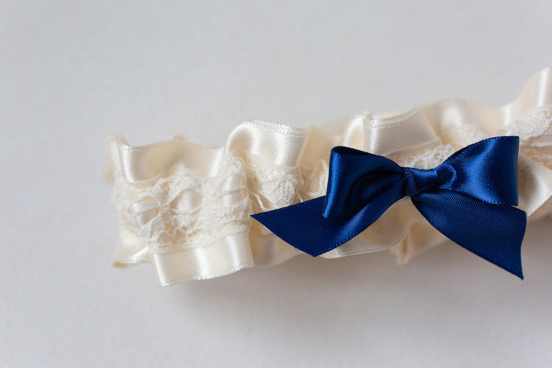 custom garter with navy blue bow