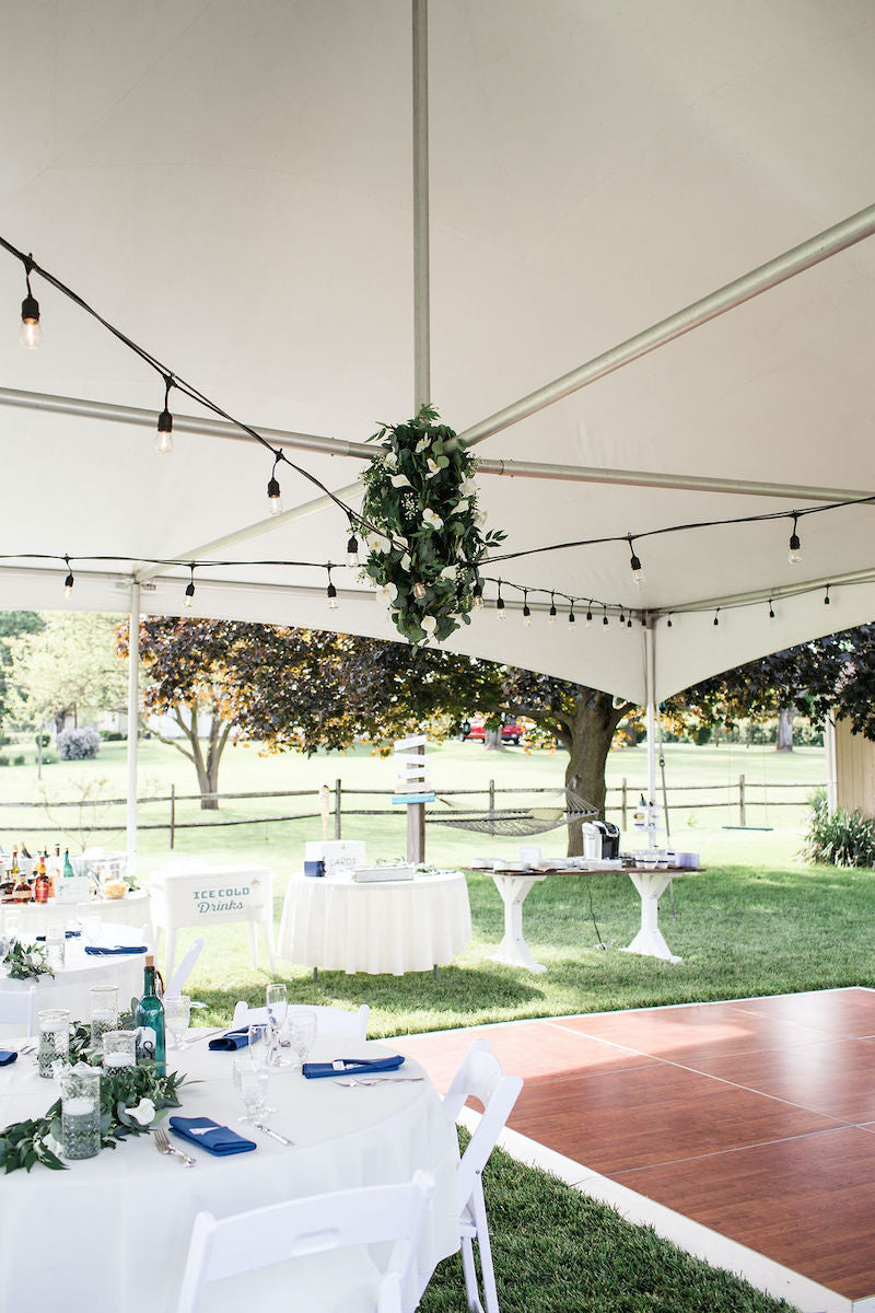 Outdoor Wedding Tented Reception Dance Floor with String Lights