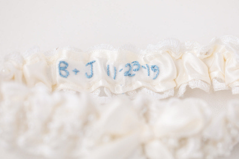 pearl and lace wedding garter with personalization