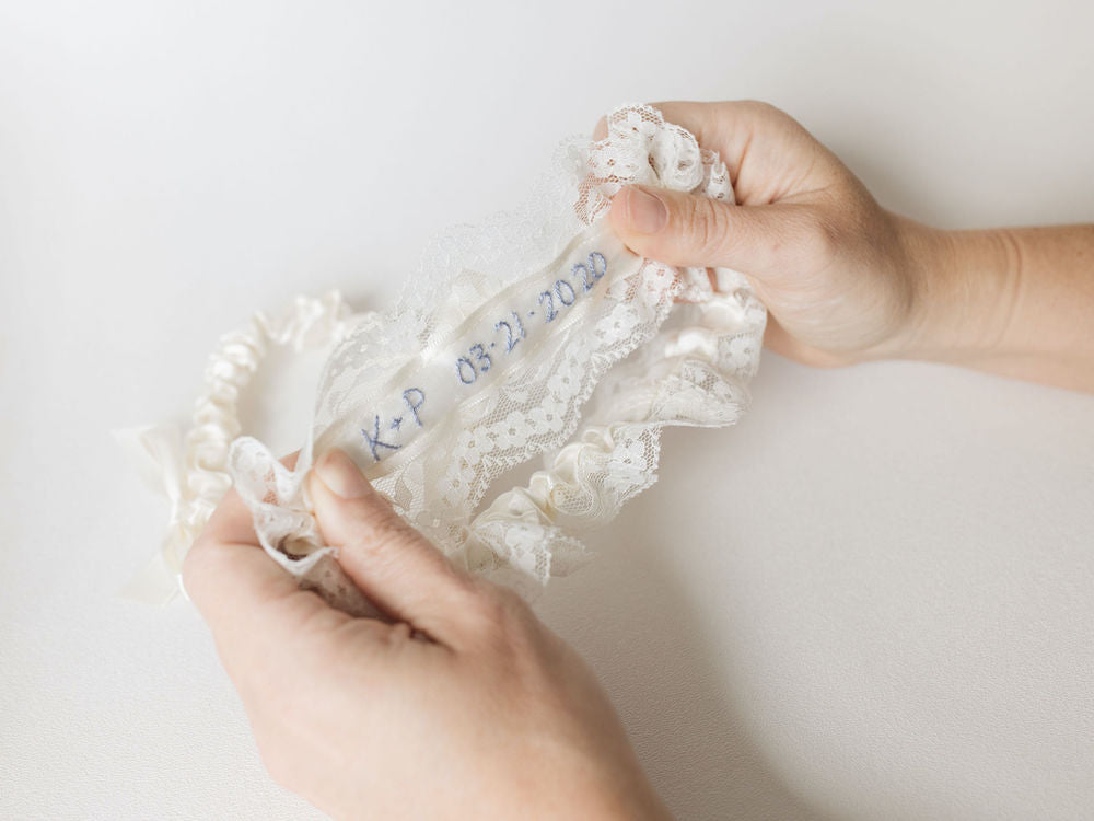 personalized wedding garter set with lace and hand embroider - gorgeous heirloom handmade by The Garter Girl