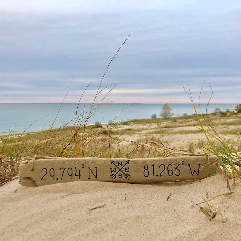 Personalized Longitude and Latitude Driftwood Sign