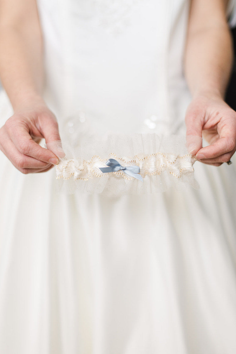 personalized garter with gold lace and tulle and dusty
