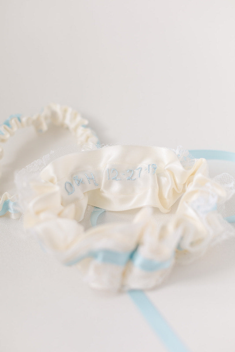 personalized garter with embroidery and vintage lace