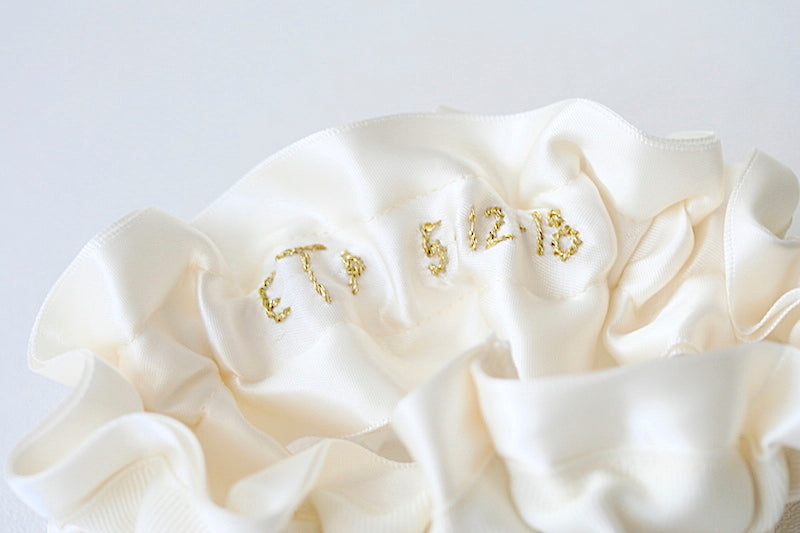 gold embroidery on the inside of custom wedding garter - The Garter Girl