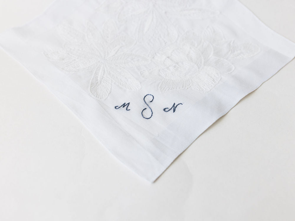 handkerchief heirloom from grandmother's wedding dress with monogrammed embroidery handmade by wedding expert The Garter Girl