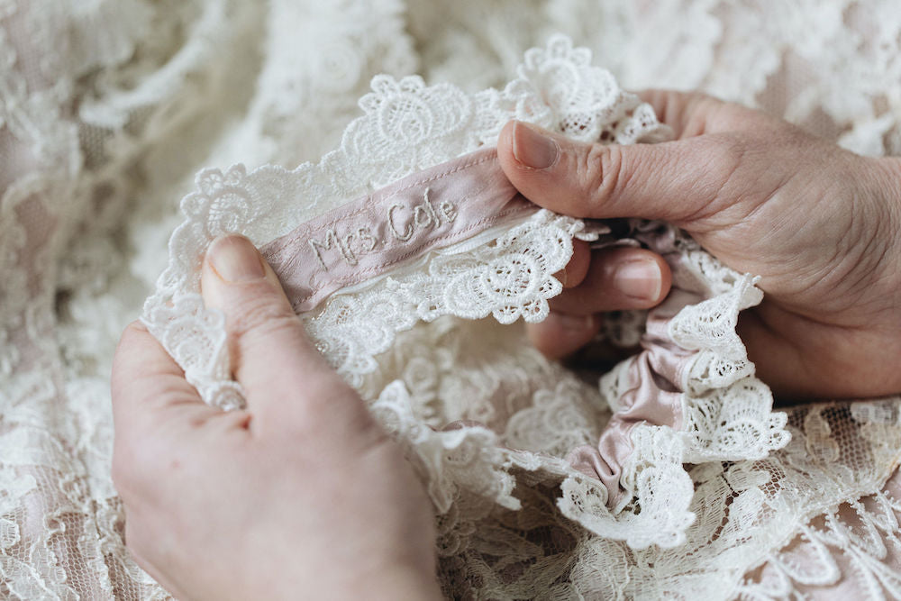 personalized wedding garter made from bride's mother's silk & lace wedding dress - handmade heirloom by The Garter Girl