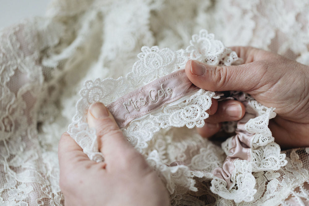 personalized wedding garter made from bride's mother's silk & lace wedding dress - handmade heirloom by The Garter Girl