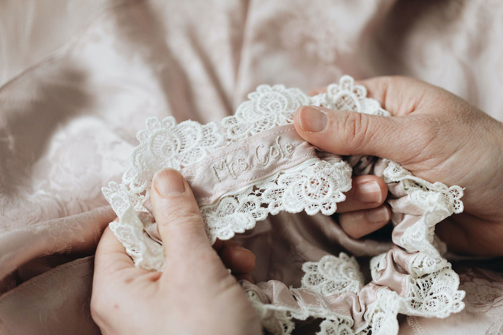 personalized wedding garter made from bride's mother's silk & lace wedding dress - handmade heirloom by The Garter Girl