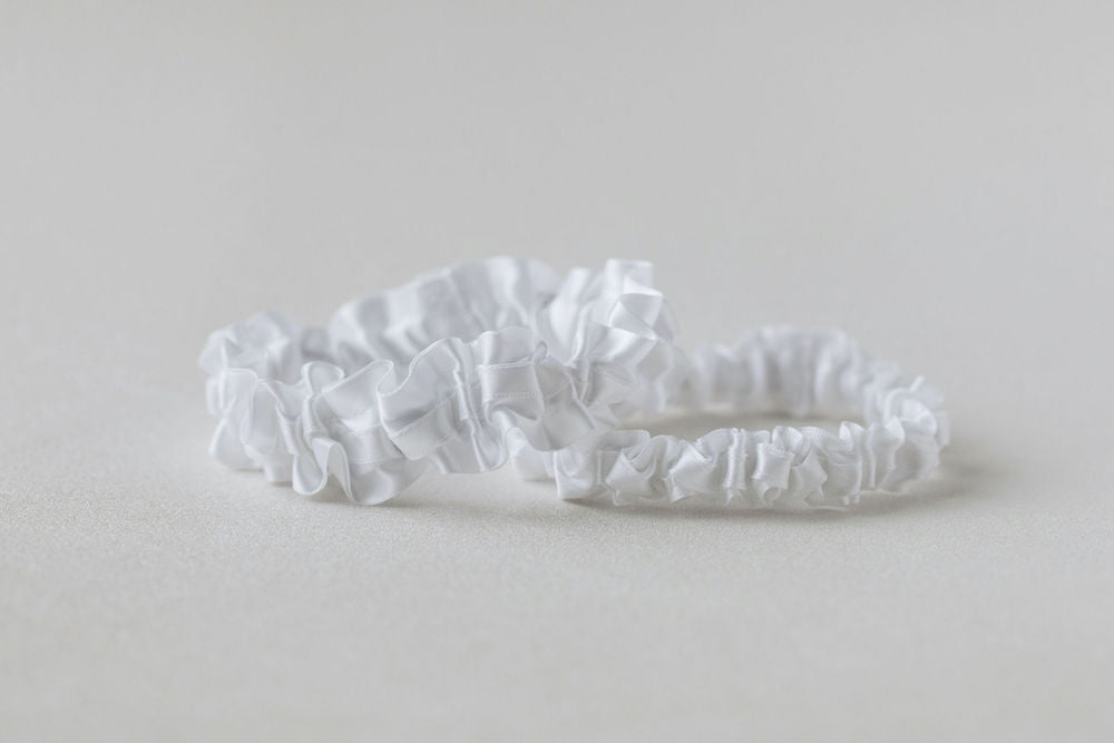 white satin wedding garter set with personzlied embroidery handmade heirloom by The Garter Girl