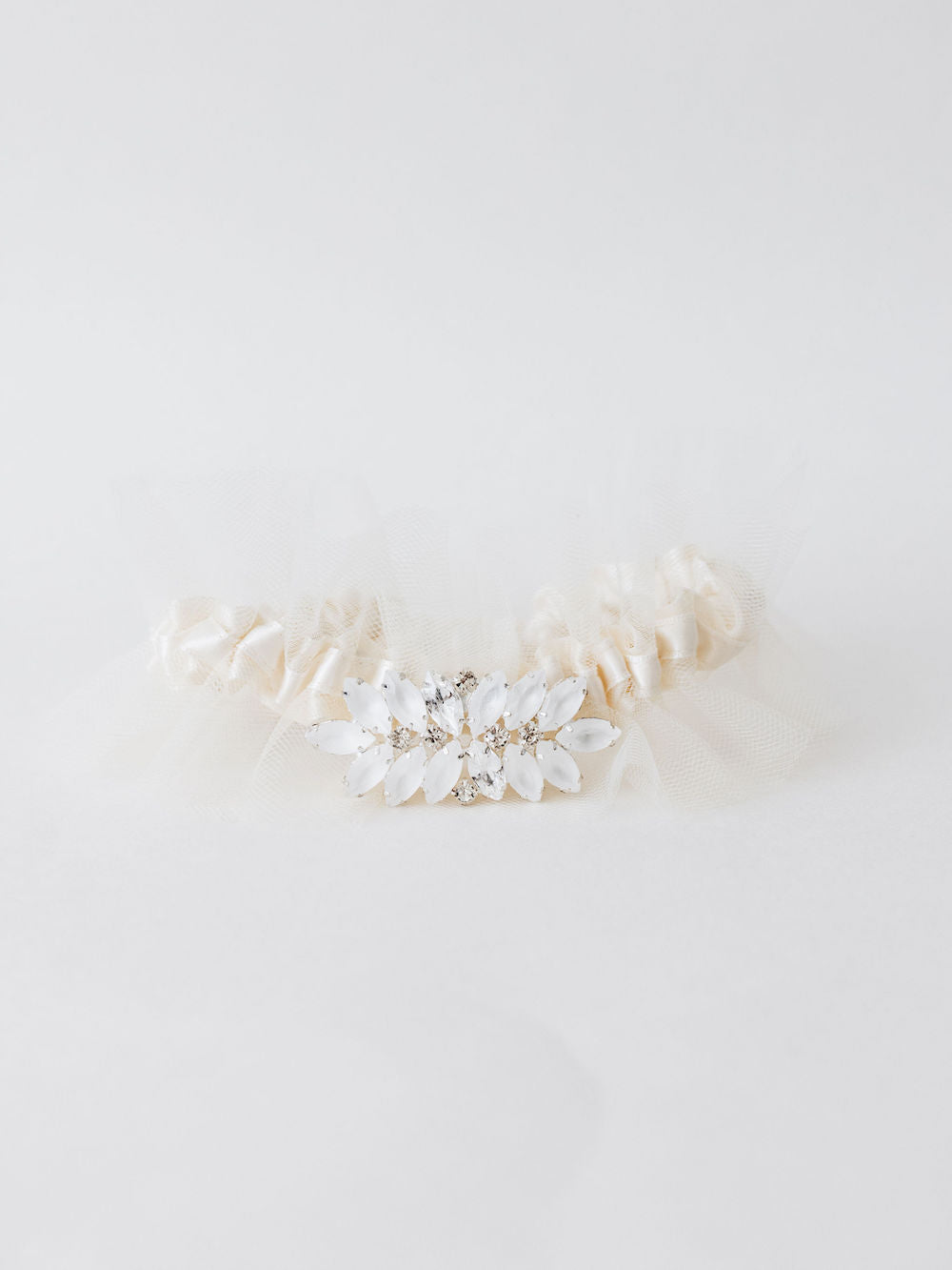 ivory tulle wedding heirloom main garter sparkle rhinestone detailing handmade by The Garter Girl