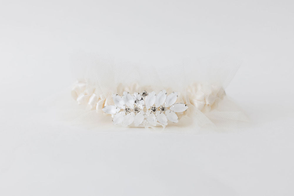 ivory tulle wedding heirloom main garter with sparkle rhinestone detailing handmade by The Garter Girl