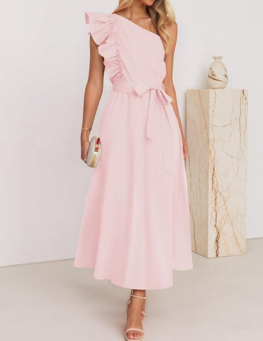 Pink One Shoulder Ruffle Dress