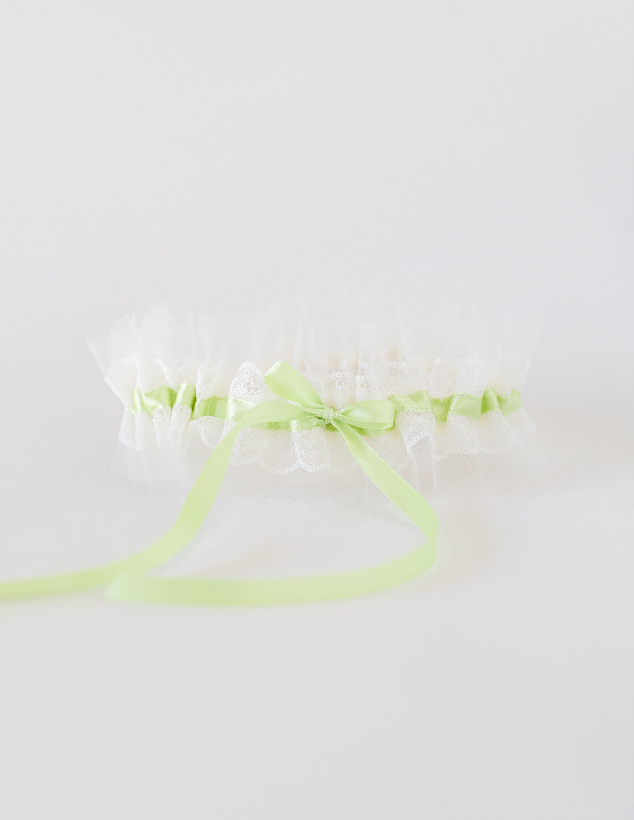 custom wedding garter with pistachio satin, ivory lace & tulle personalized by The Garter Girl