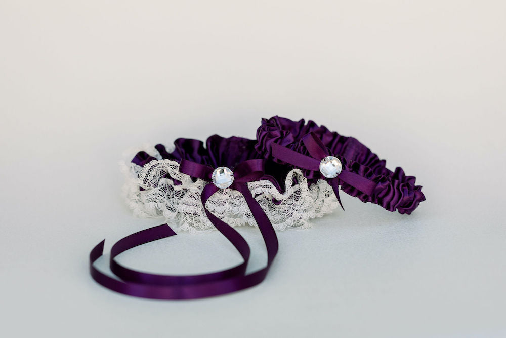 custom wedding garter set w purple satin, ivory lace ruffles, sparkle detail handmade by The Garter Girl