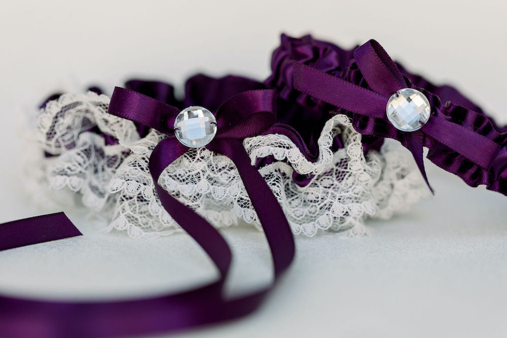 custom wedding garter set w purple satin, ivory lace ruffles, sparkle detail handmade by The Garter Girl