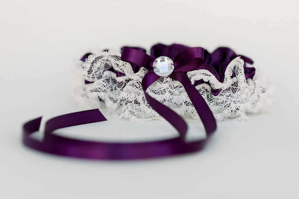 custom wedding garter set w purple satin, ivory lace ruffles, sparkle detail handmade by The Garter Girl