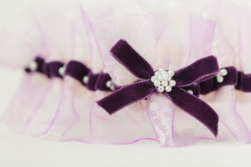 custom wedding garter with pearls, tulle and velvet