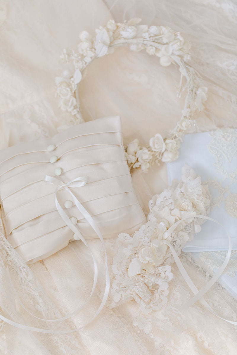 ring bearer pillow and garter made from bride's grandmother's veil 