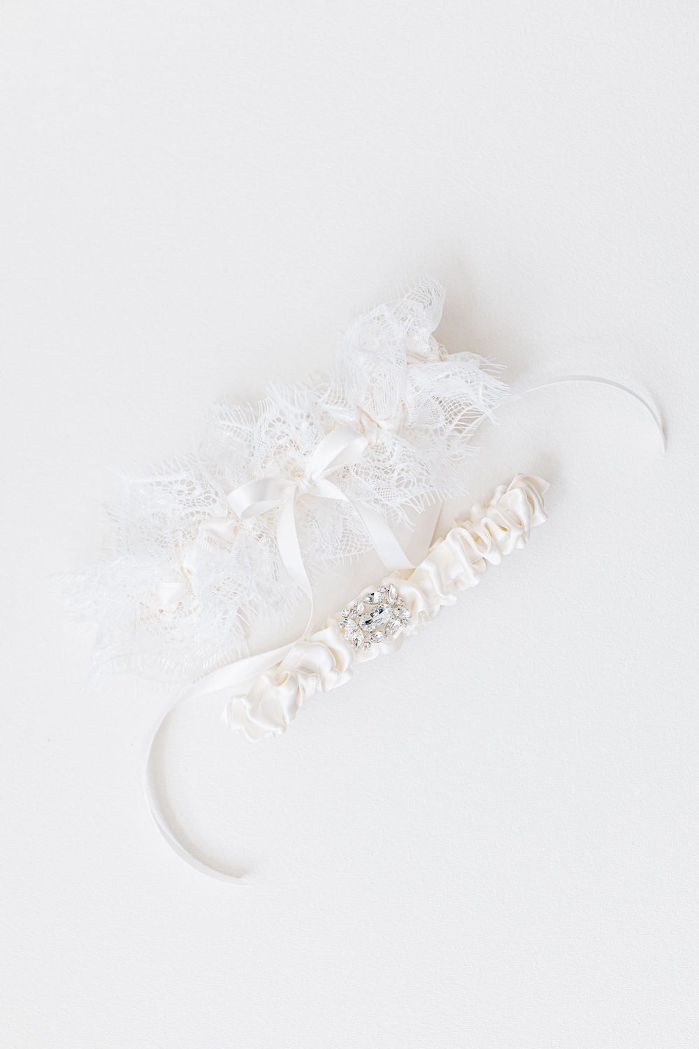 wedding garter set with ivory satin, eyelash lace, and sparkle - a handmade wedding heirloom by The Garter Girl