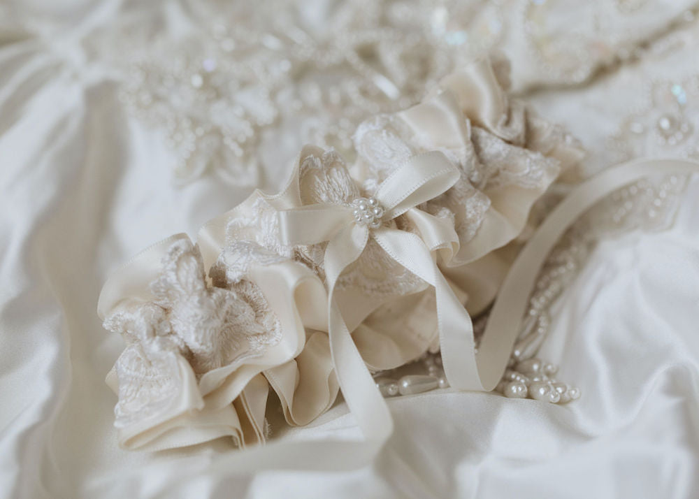 satin, lace & pearls wedding garter handmade from bride's mother's wedding gown by expert heirloom accessories designer, The Garter Girl