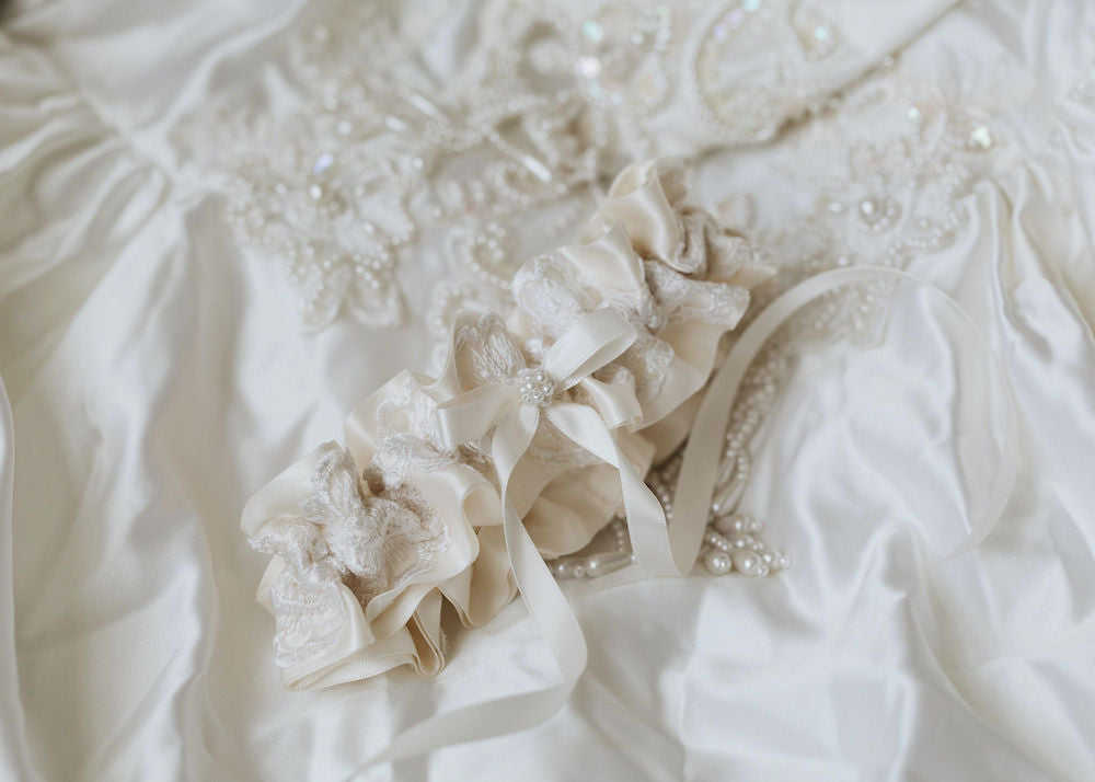 satin, lace & pearls wedding garter handmade from bride's mother's wedding gown by expert heirloom accessories designer, The Garter Girl