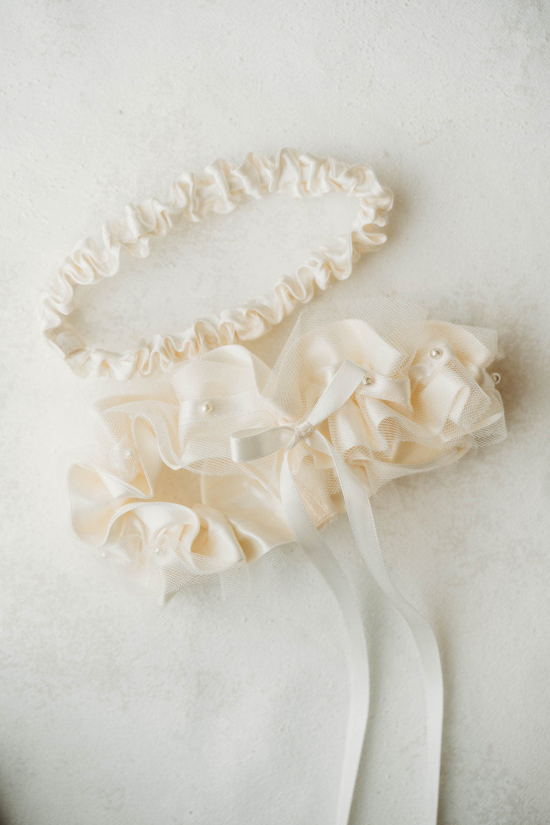 Satin Tulle and Pearl Wedding Garter set in Ivory with Tossing Garter