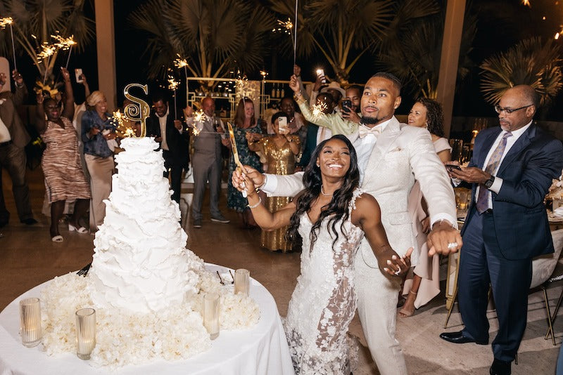 Simone Biles and Jonathan Owens Wedding, Garter, Reception Dress, Cake