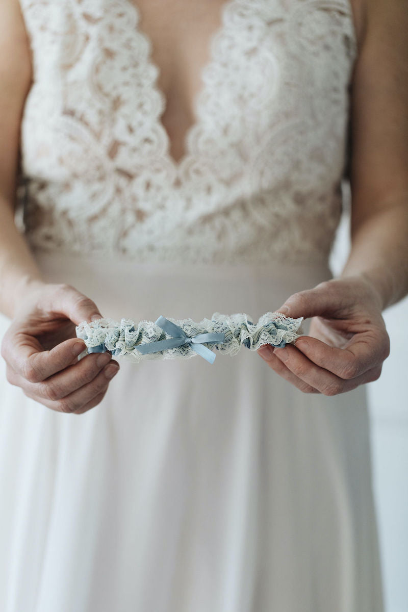 Posh dusty blue satin & ivory lace wedding garter bridal accessory handmade by The Garter Girl