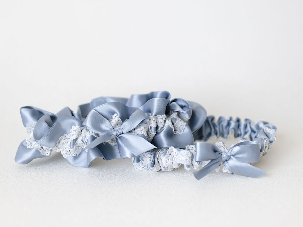 satin & lace detailing something dusty blue garter set with tossing and main garter handmade by The Garter Girl