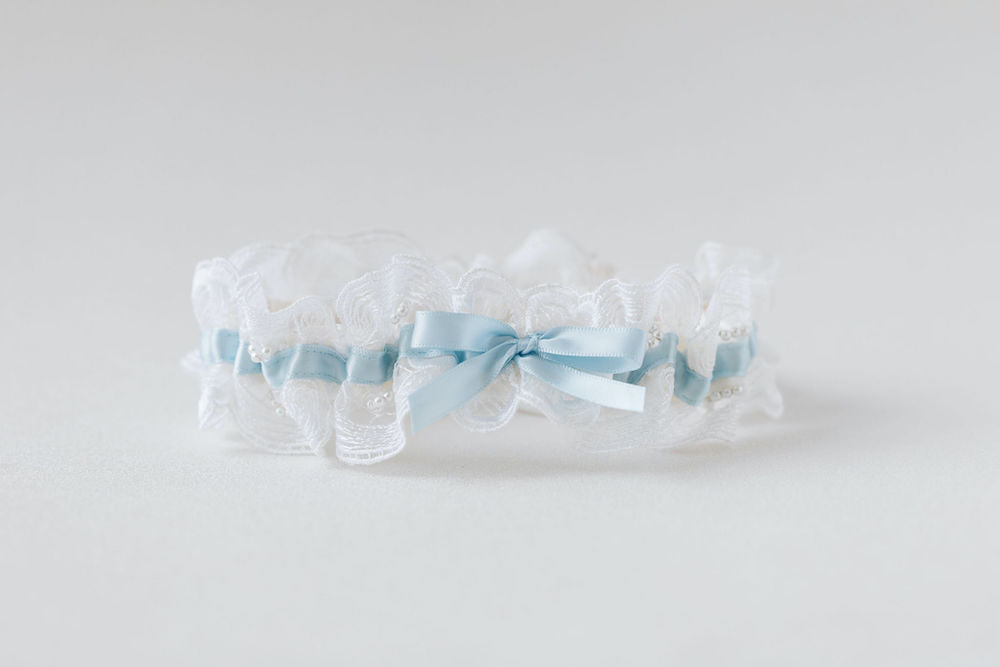 something blue wedding garter w/ pearls handmade from mother's wedding dress by bridal heirloom accessories designer, The Garter Girl