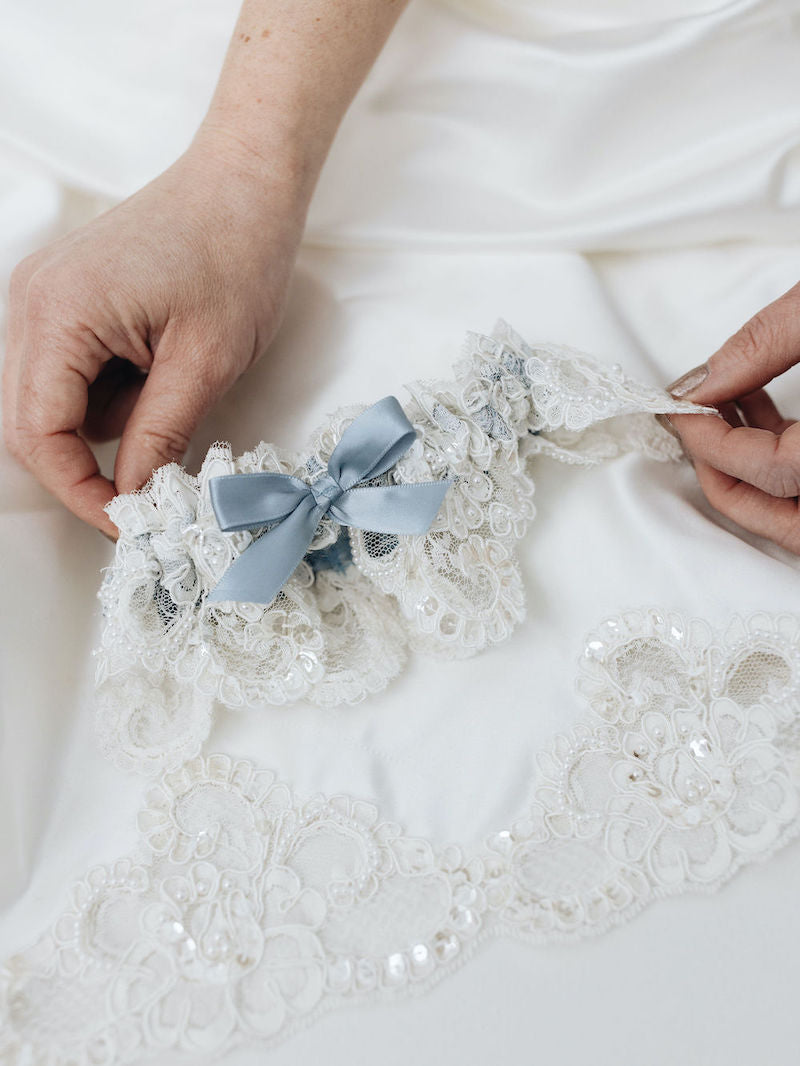 Sparkle and Pearl Dusty Blue Bridal Garter Made From Moms Wedding Dress by The Garter Girl