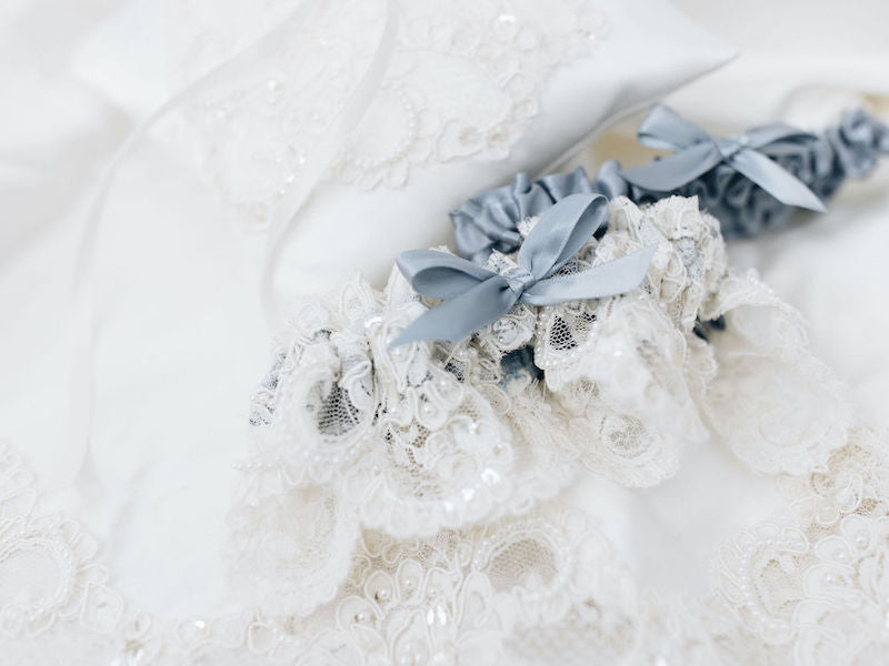 Sparkle and Pearl Dusty Blue Bridal Garter Made From Moms Wedding Dress by The Garter Girl