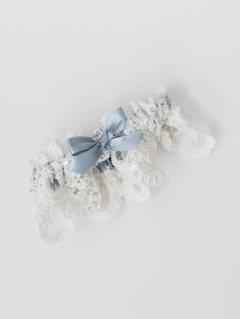 Sparkle and Pearl Dusty Blue Bridal Garter Made From Moms Wedding Dress by The Garter Girl