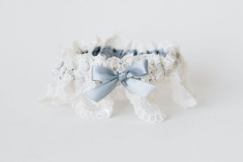 Sparkle and Pearl Dusty Blue Bridal Garter Made From Moms Wedding Dress by The Garter Girl