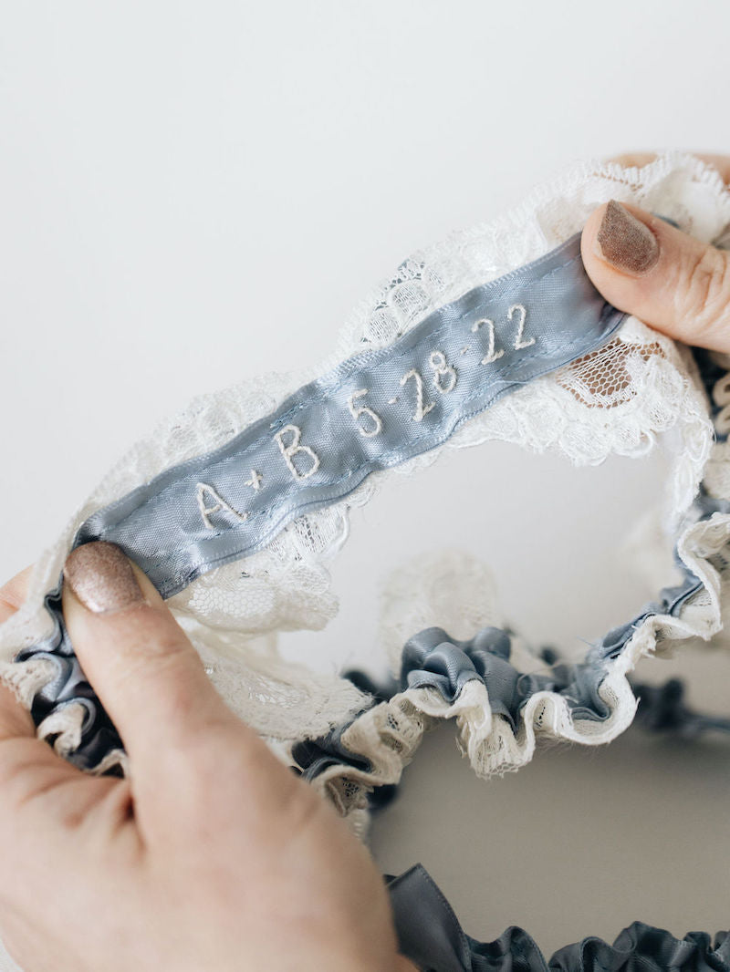 Sparkle and Pearl Dusty Blue Bridal Garter Personalized and Made From Moms Wedding Dress by The Garter Girl