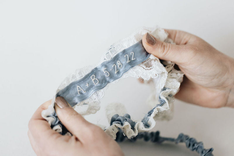 Sparkle and Pearl Dusty Blue Bridal Garter Personalized and Made From Moms Wedding Dress by The Garter Girl