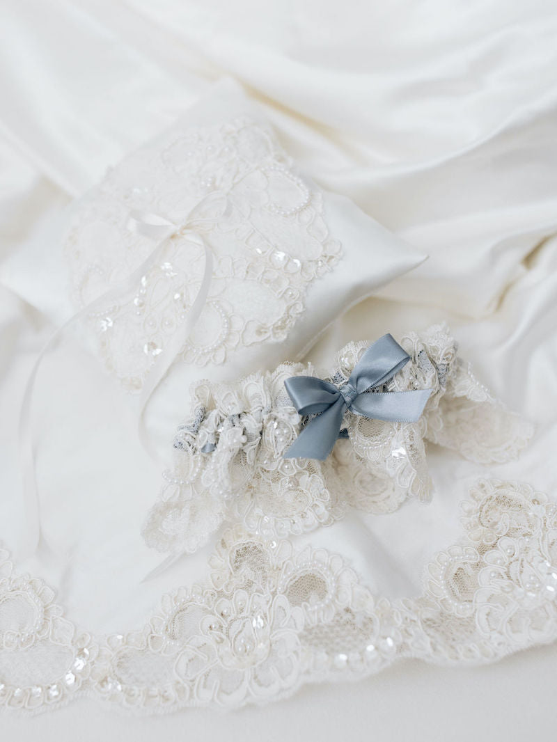 Sparkle and Pearl Dusty Blue Ring Pillow and Bridal Garter Made From Moms Wedding Dress by The Garter Girl