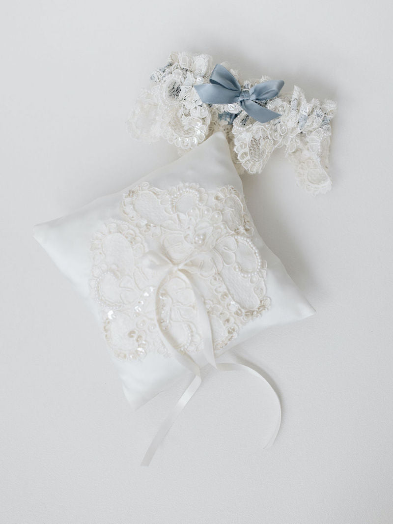 Sparkle and Pearl Dusty Blue Ring Pillow and Bridal Garter Made From Moms Wedding Dress by The Garter Girl