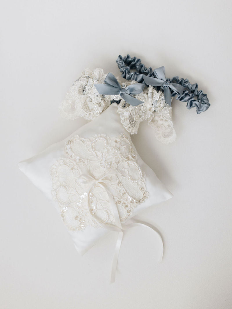 Sparkle and Pearl Dusty Blue Ring Pillow and Bridal Garter Made From Moms Wedding Dress by The Garter Girl