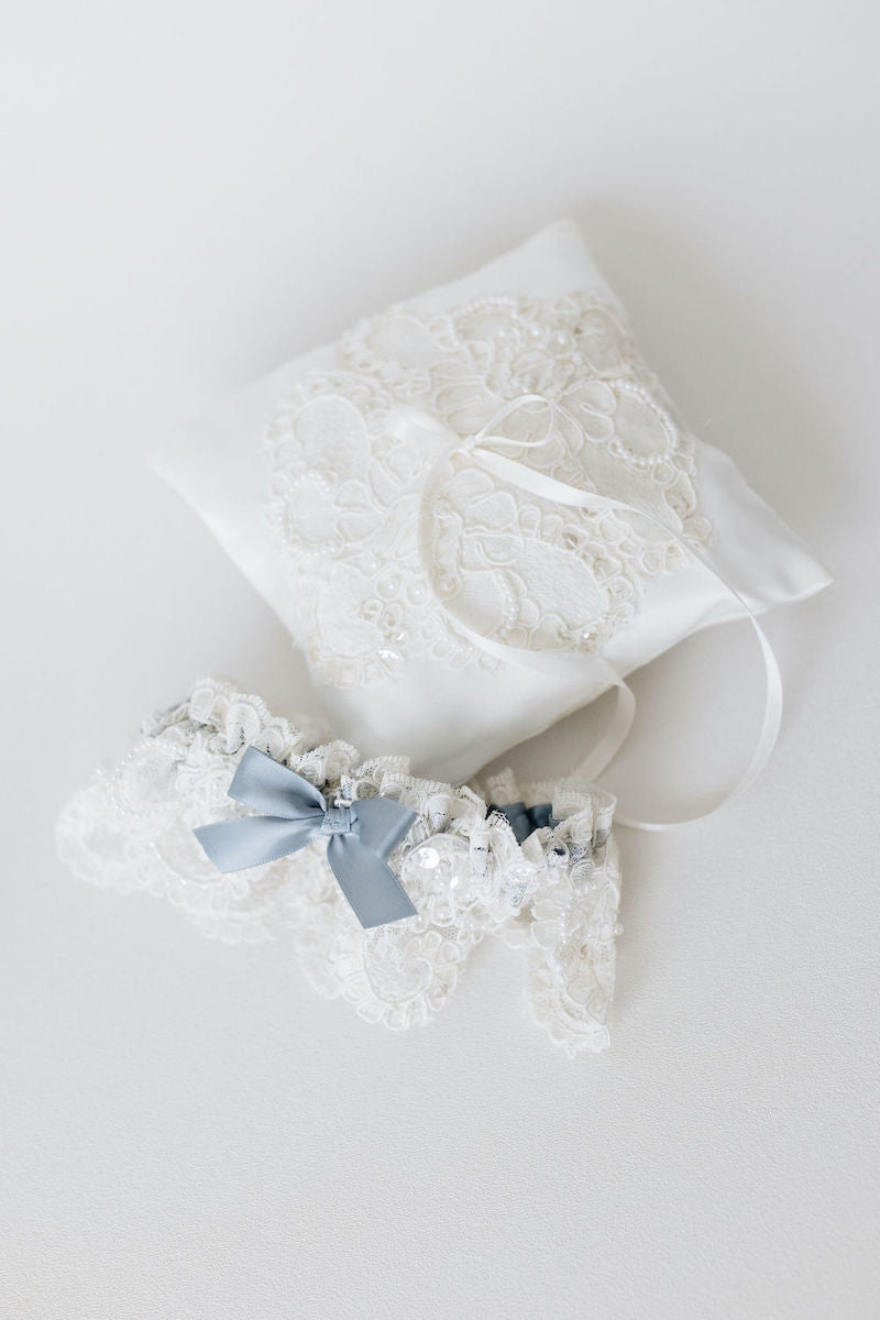 Sparkle and Pearl Dusty Blue Ring Pillow and Bridal Garter Made From Moms Wedding Dress by The Garter Girl