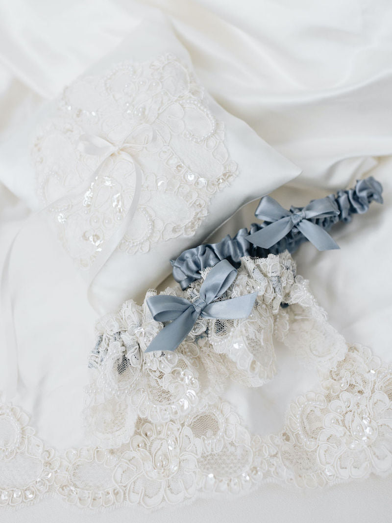 Sparkle and Pearl Dusty Blue Ring Pillow and Bridal Garter Made From Moms Wedding Dress by The Garter Girl