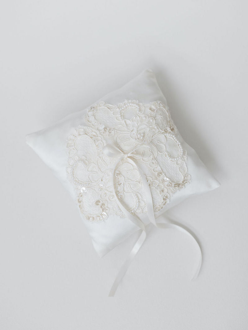 Sparkle and Pearl Dusty Blue Ring Pillow Made From Moms Wedding Dress by The Garter Girl
