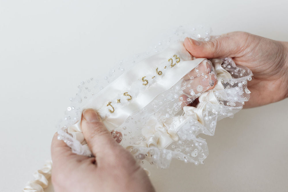 sparkle & pearl tulle luxury wedding garter set heirloom with gold personalization handmade by The Garter Girl